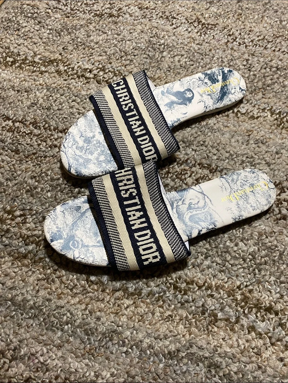 Dior Beige and Navy Christian Dior Logo Slide Sandals